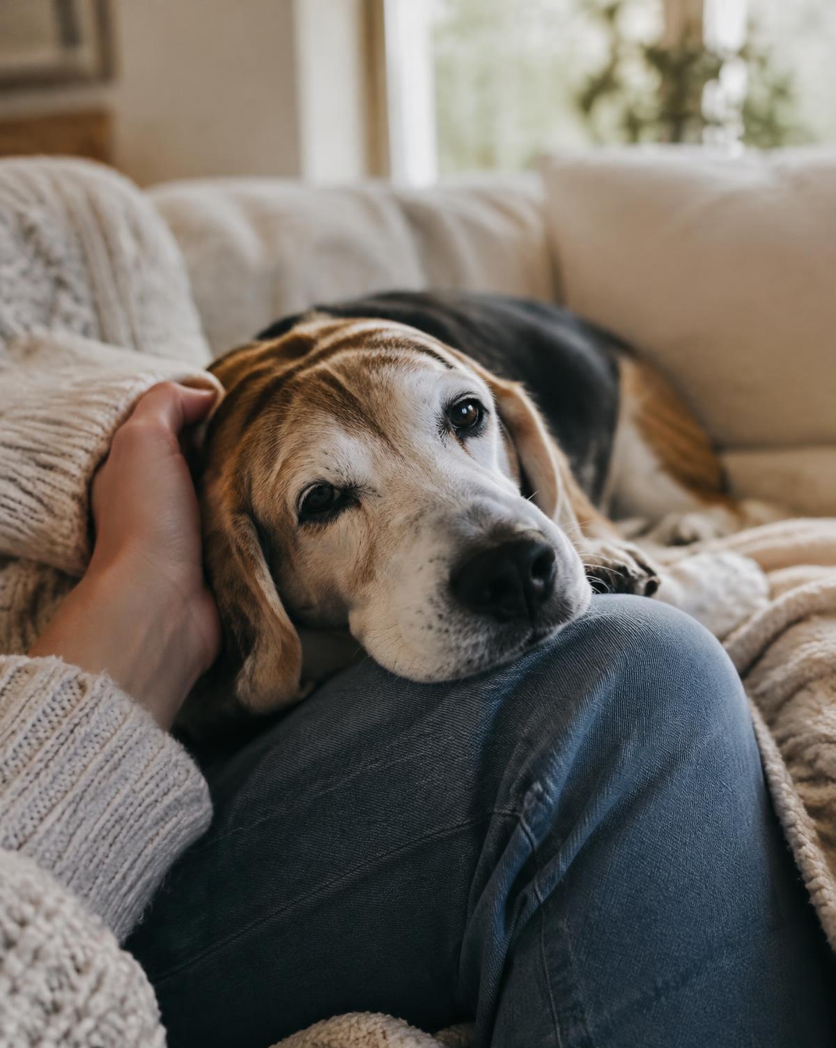 A senior beagle resting its head on its owner's knee on a cozy sofa