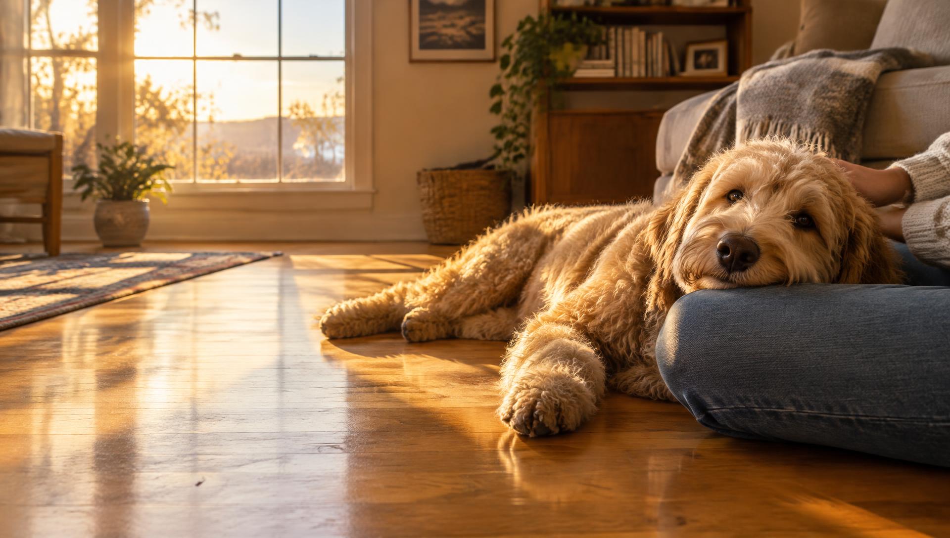 A content golden doodle resting its head on its owner's leg in a sunlit living room