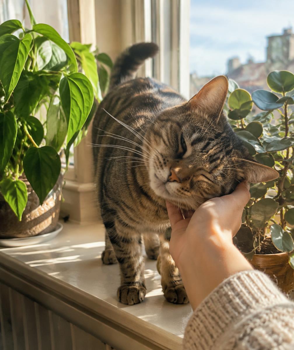 A tabby cat nuzzling a hand on a sunny windowsill