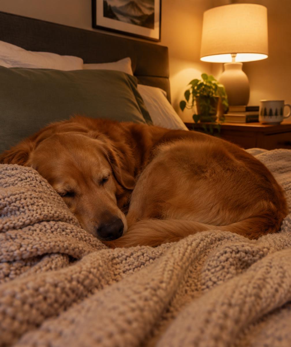 A golden retriever sleeping peacefully on a knit blanket by lamplight