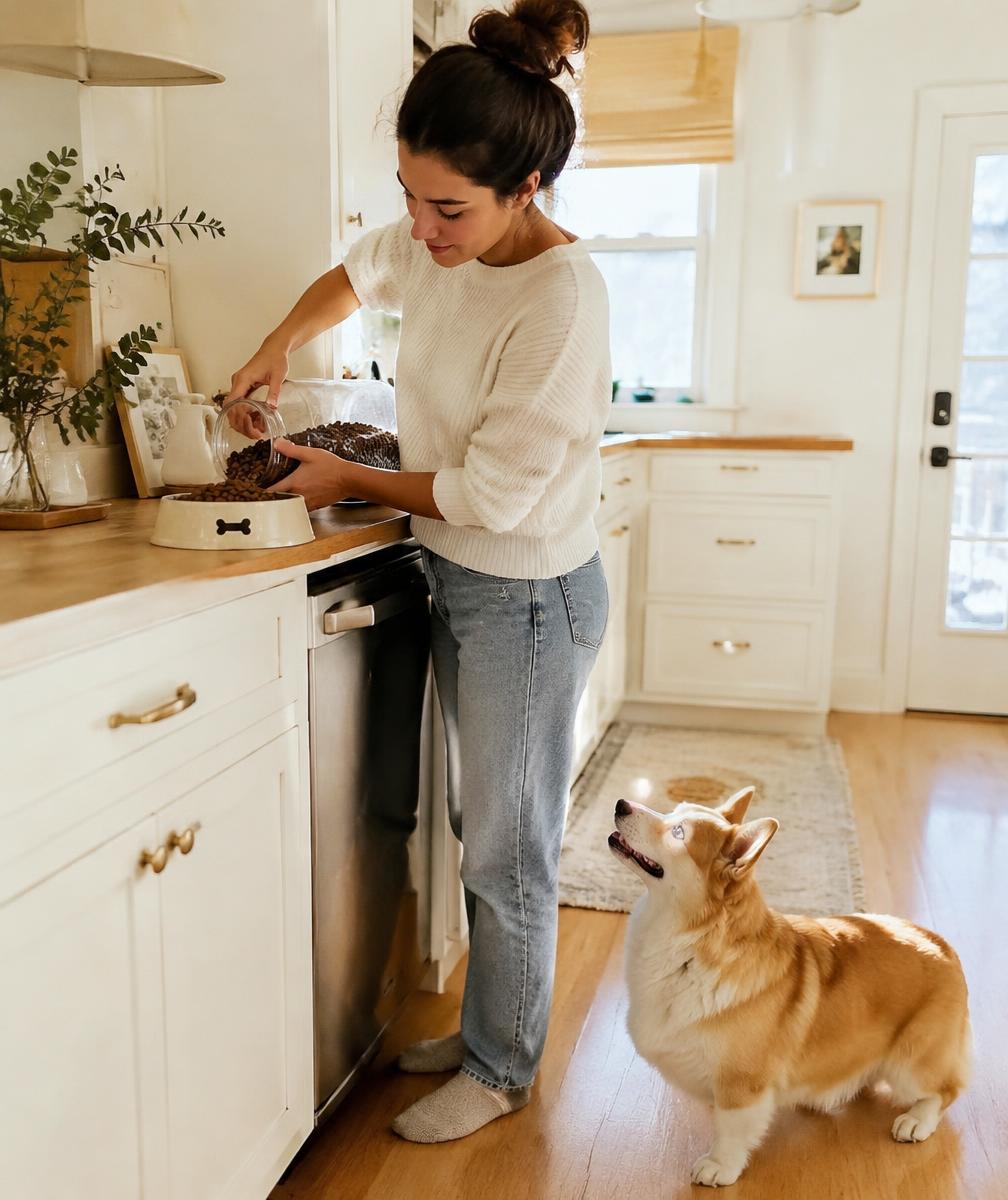 A pet sitter filling a food bowl as an eager corgi looks up