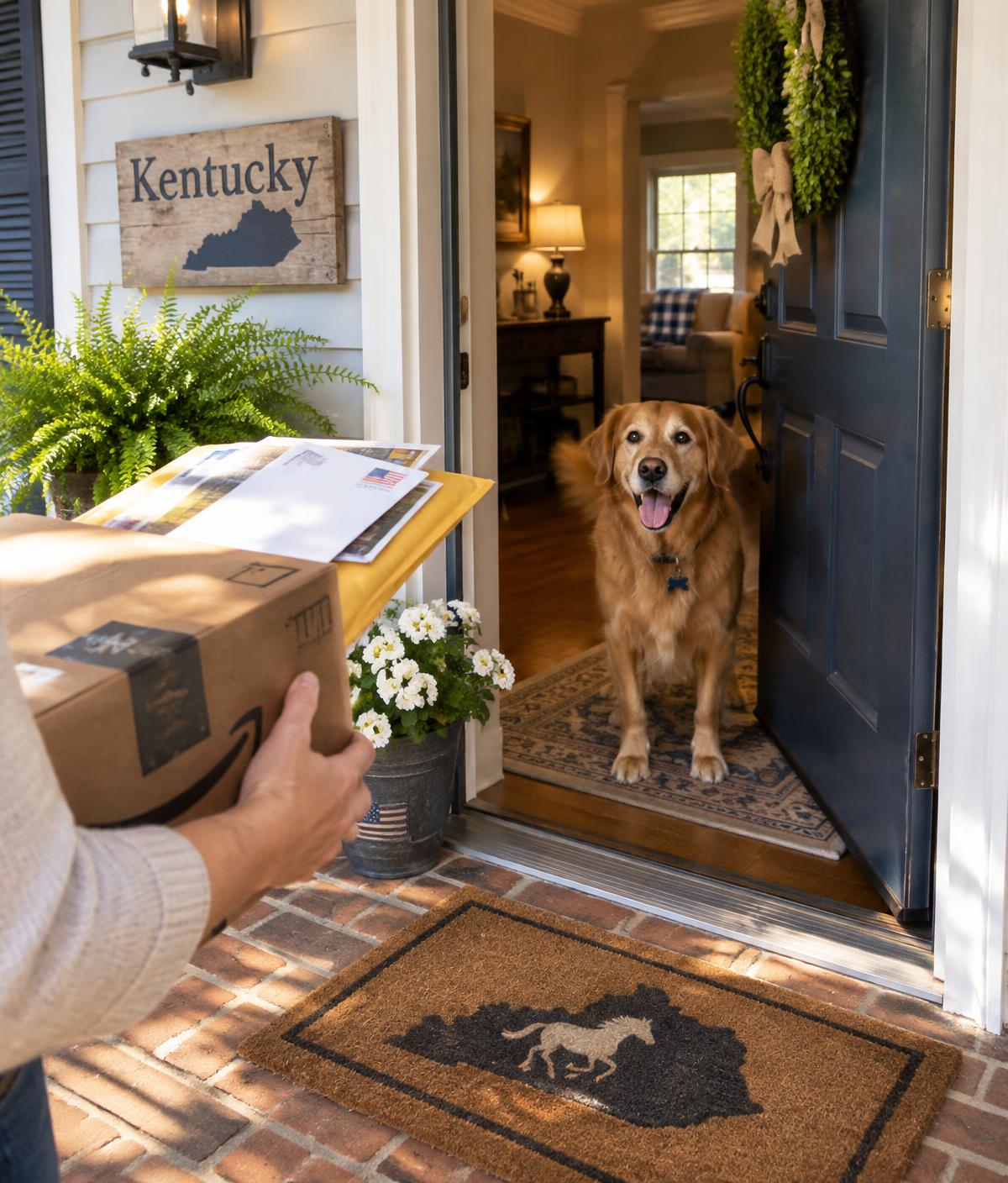 A pet sitter carrying in mail and a package while a golden retriever waits at the front door